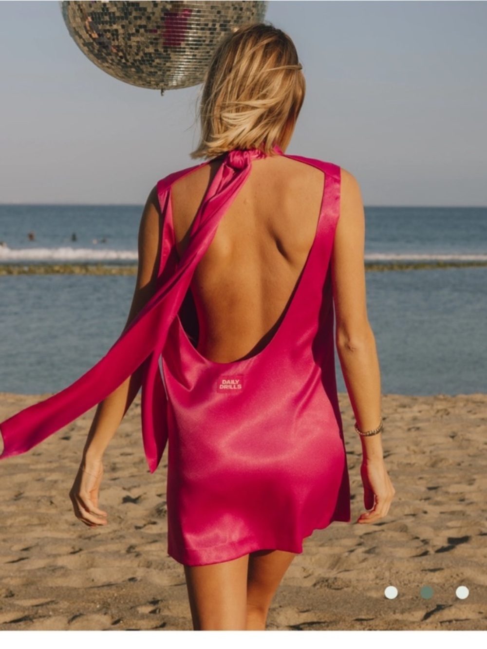 Daily Drills Silky Mini Dress with Neck Tie - Hot Pink Size Small